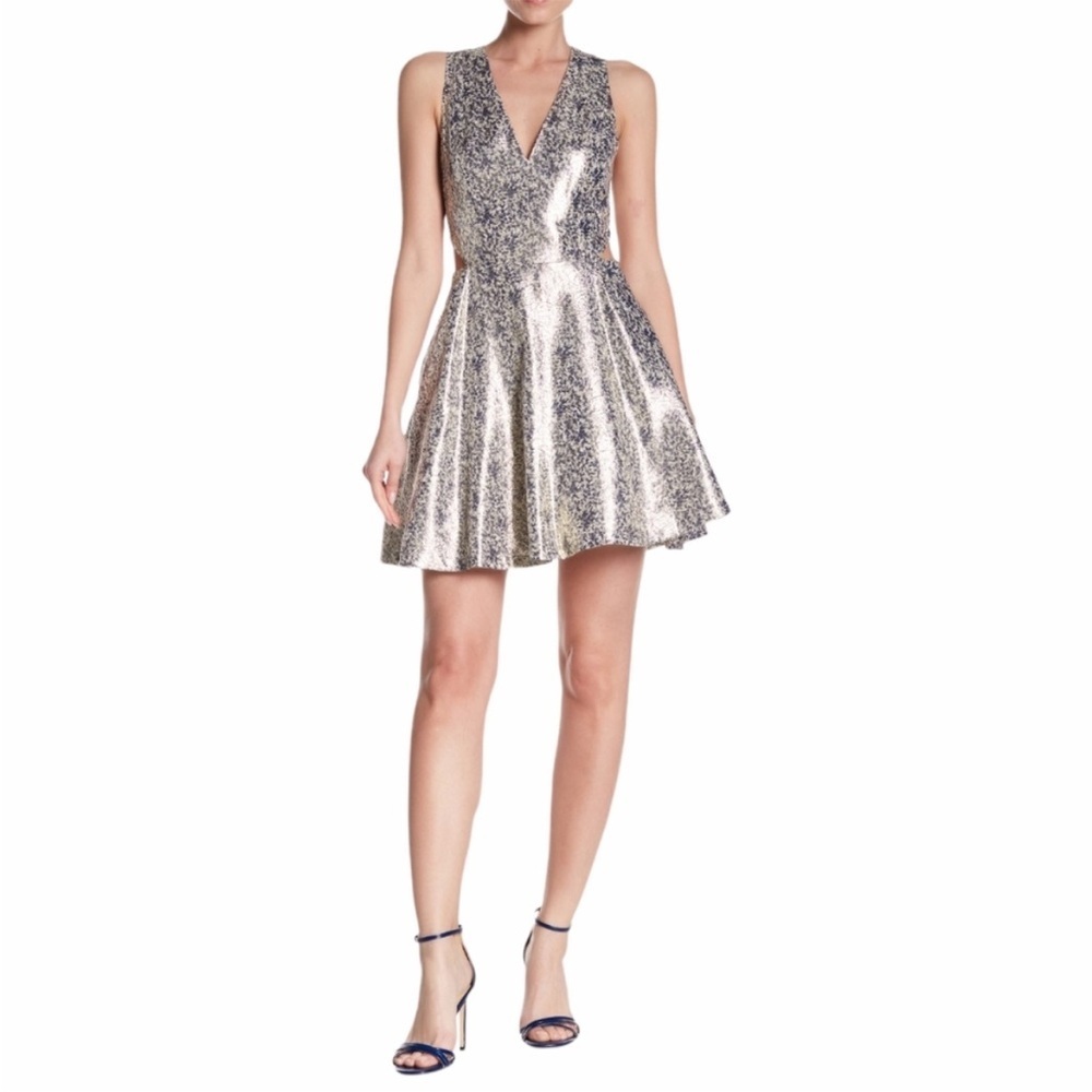 Alice & Oliva Women's Varita Metallic Jacquard Side Cut Out Fit And Flare Sz 4